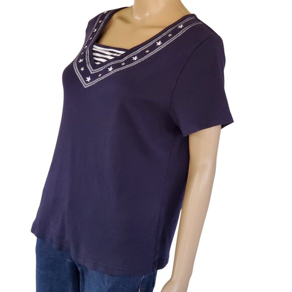 Karen Scott Nautical Sailor T Shirt Women's L Navy Blue Embroidered Knit Stretch - Picture 9 of 12